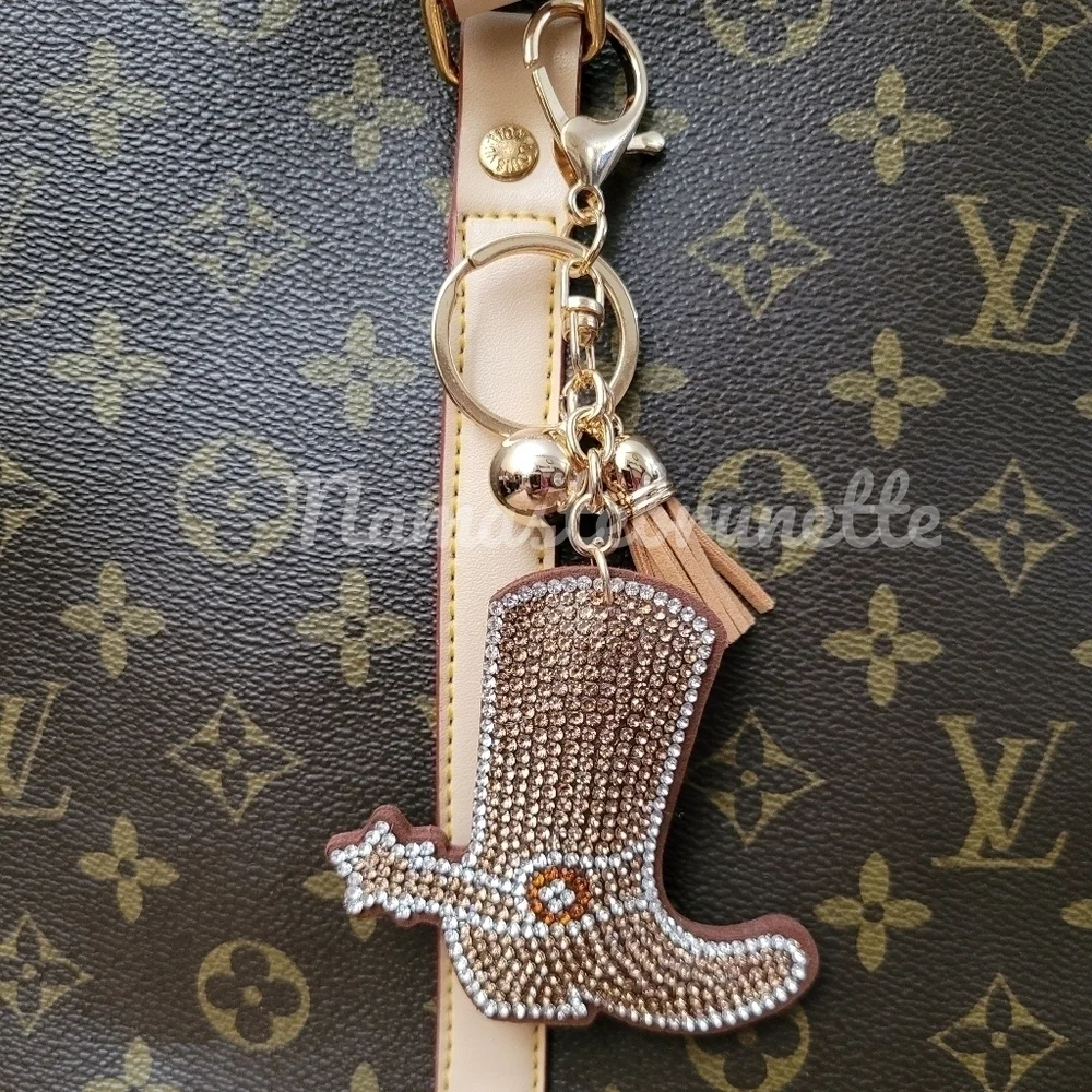 Western Boot Crystal Rhinestone Keychain Bag Charm With Tan Tassel